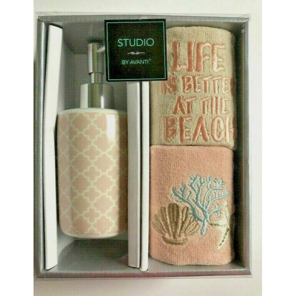 Avanti Fingertip Towels and Soap Lotion Dispenser Set Embroidered Beach Set of 3